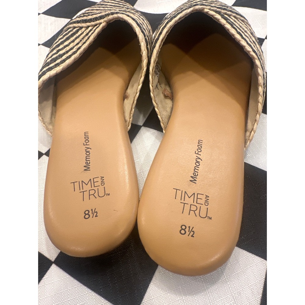 Time and Tru Womens Striped Straw Pointed Toe Mule Flats Black Beige  8.5 boho - Picture 4 of 5